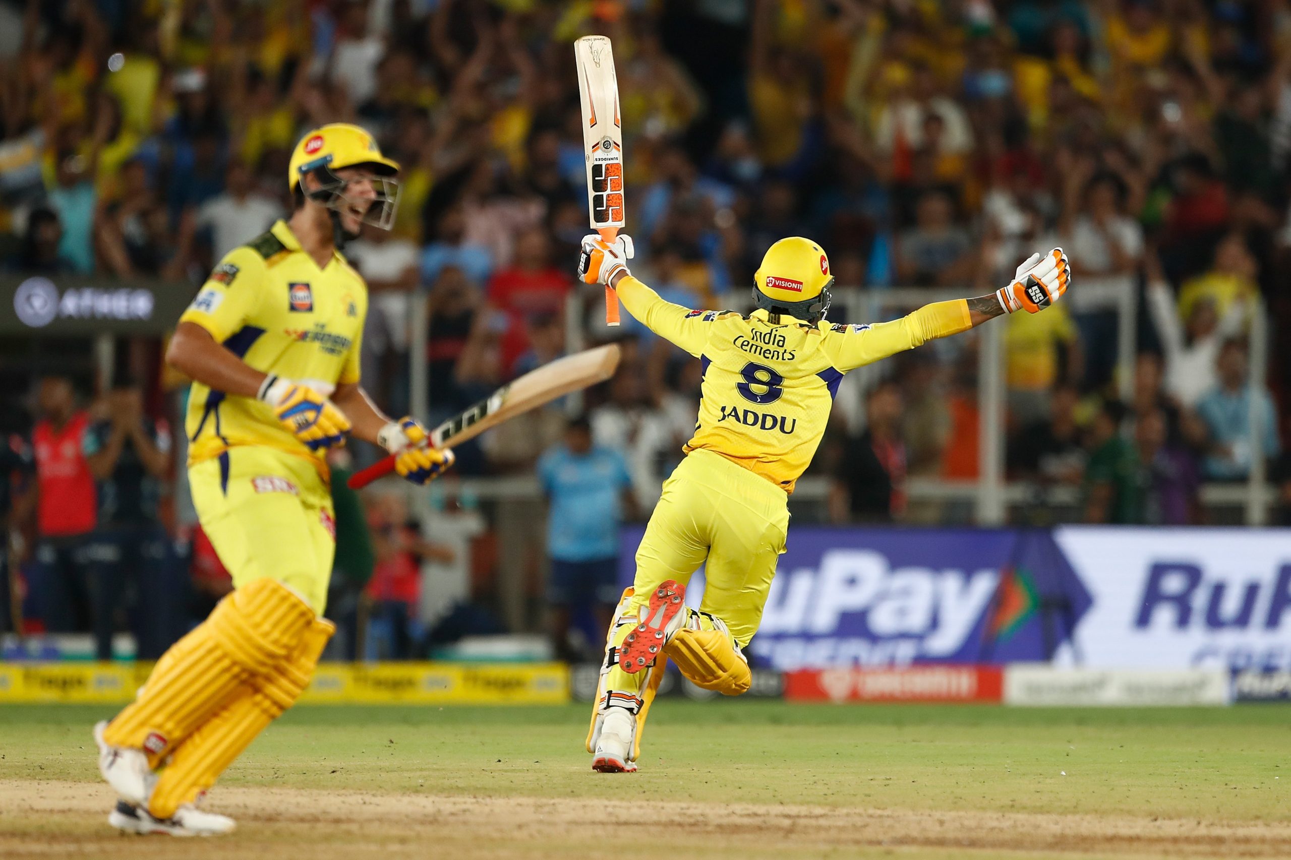 Ravindra Jadeja of the Chennai Super Kings celebrates hitting the winning runs