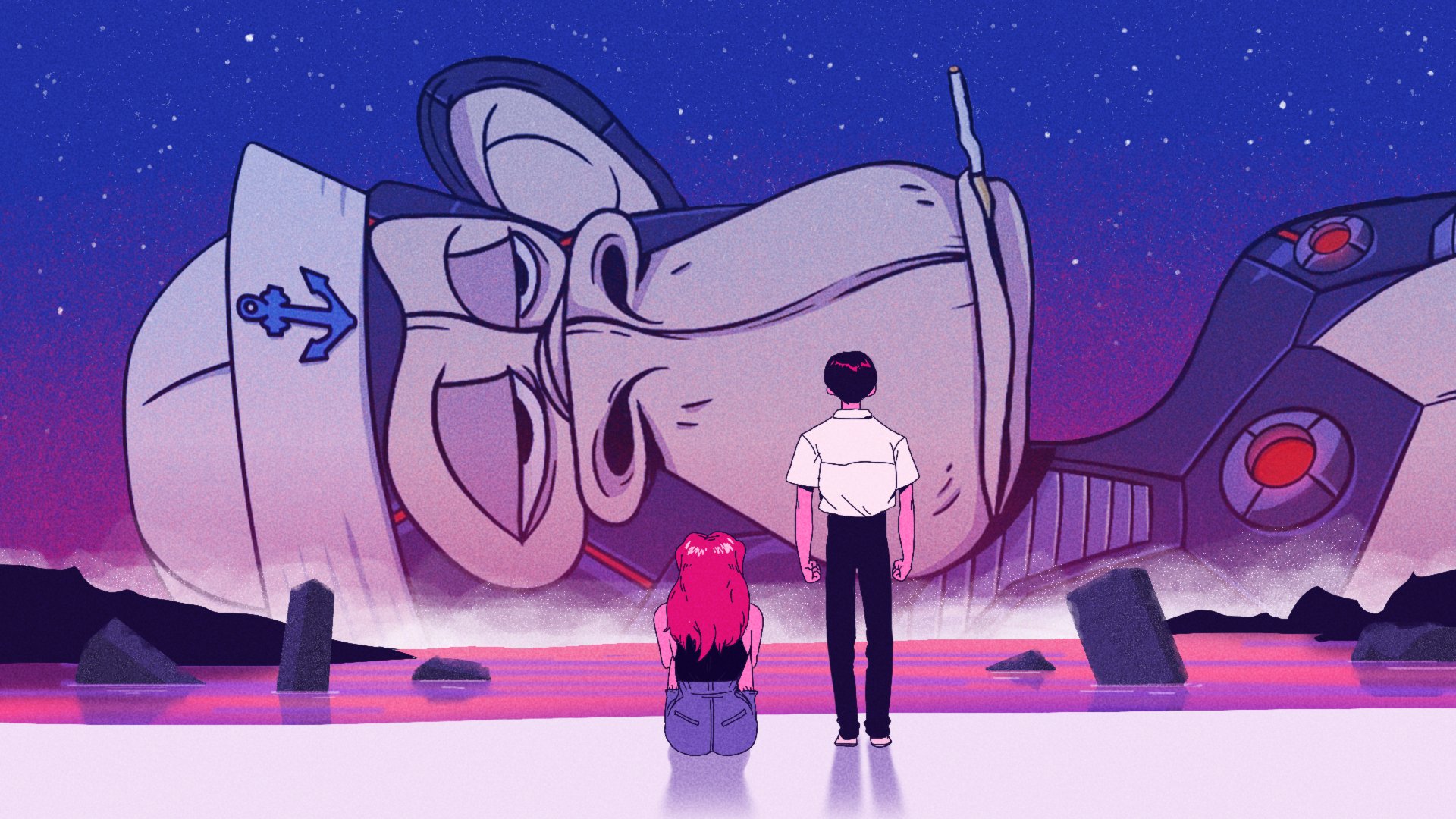 A person standing and another sitting on the ground look at a Bored Ape NFT, resembling a retro crashed spaceship, against a starry night sky with pink-hued ground and rocks.