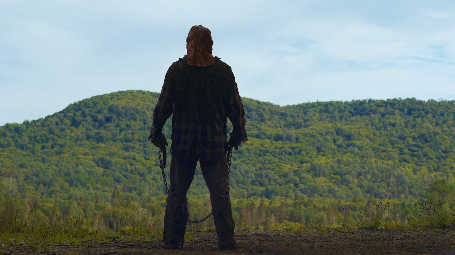 A man wearing a mask faces a way from the camera, standing on a cliff in the wilderness.