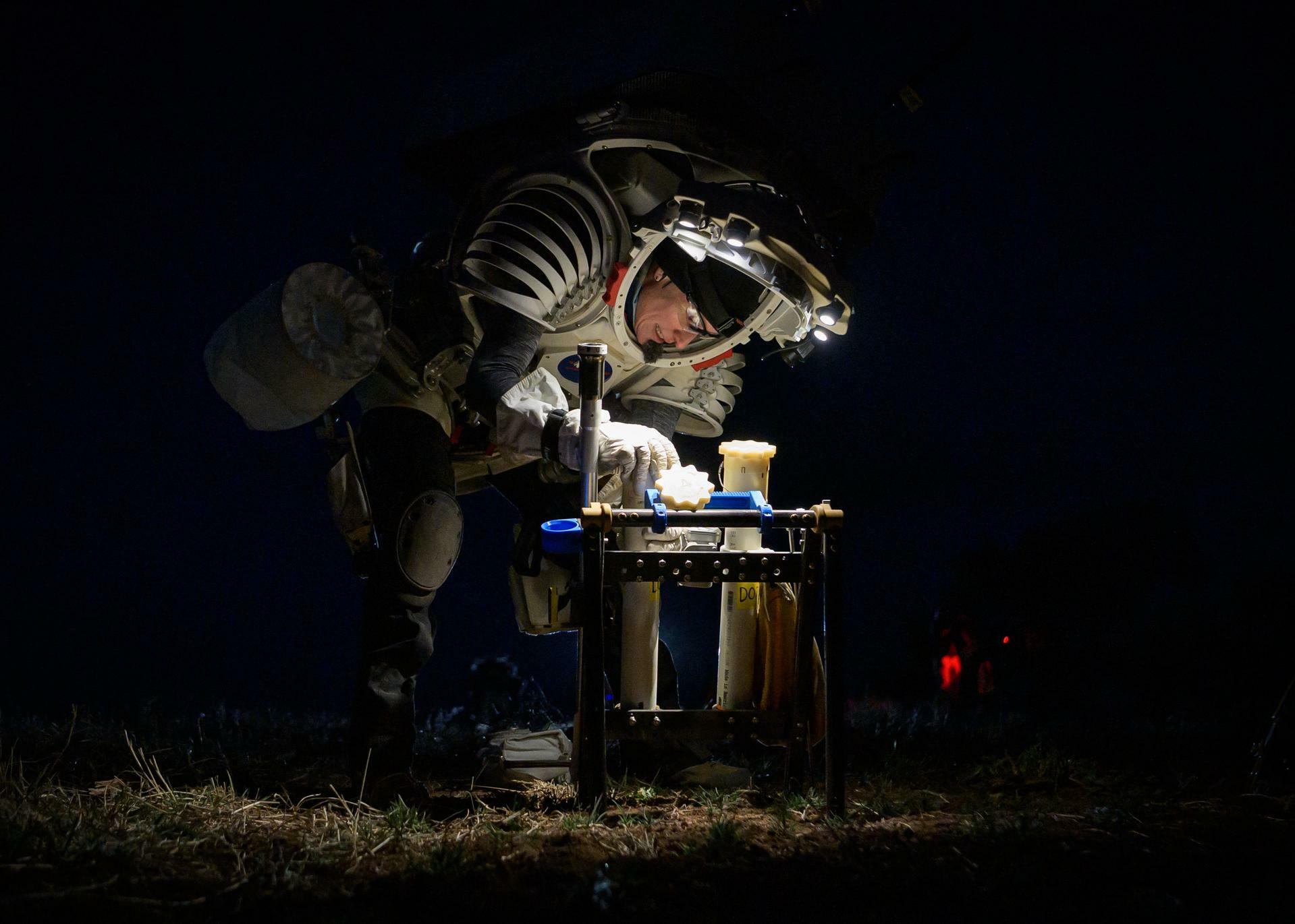 NASA astronaut Kate Rubins on a simulated moonwalk in May 2024.