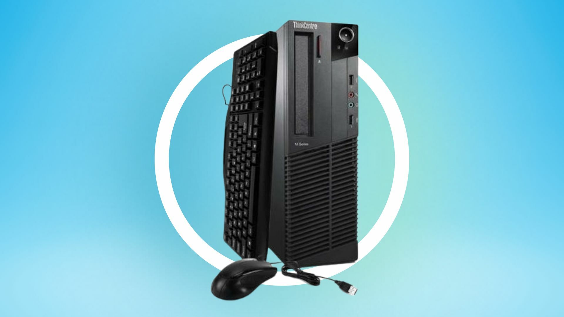 Lenovo thinkcentre desktop on blue background