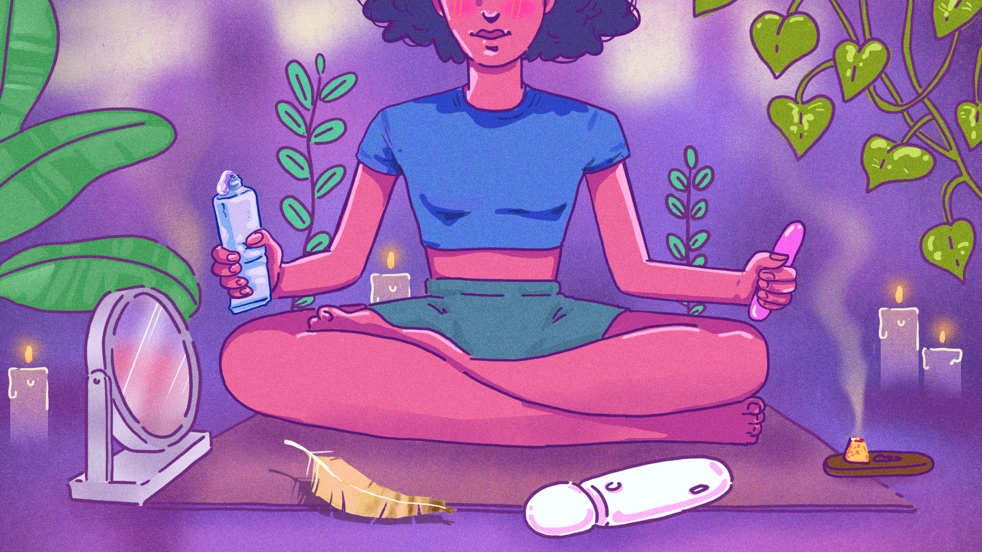 Illustration of a Black woman sitting with crossed legs, surrounded by sex toys, incense, a mirror. 