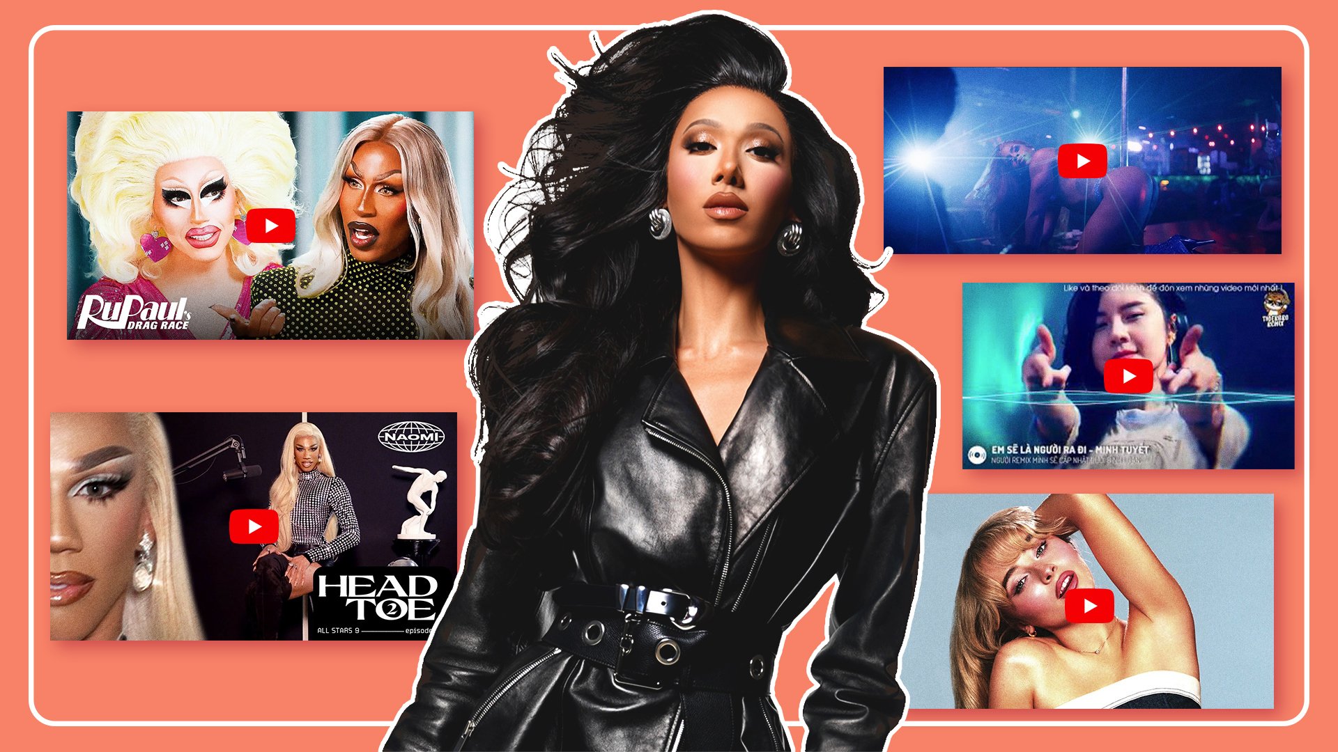 Plastique Tiara in a black ensemble surrounded by thumbnails of her favorite videos.