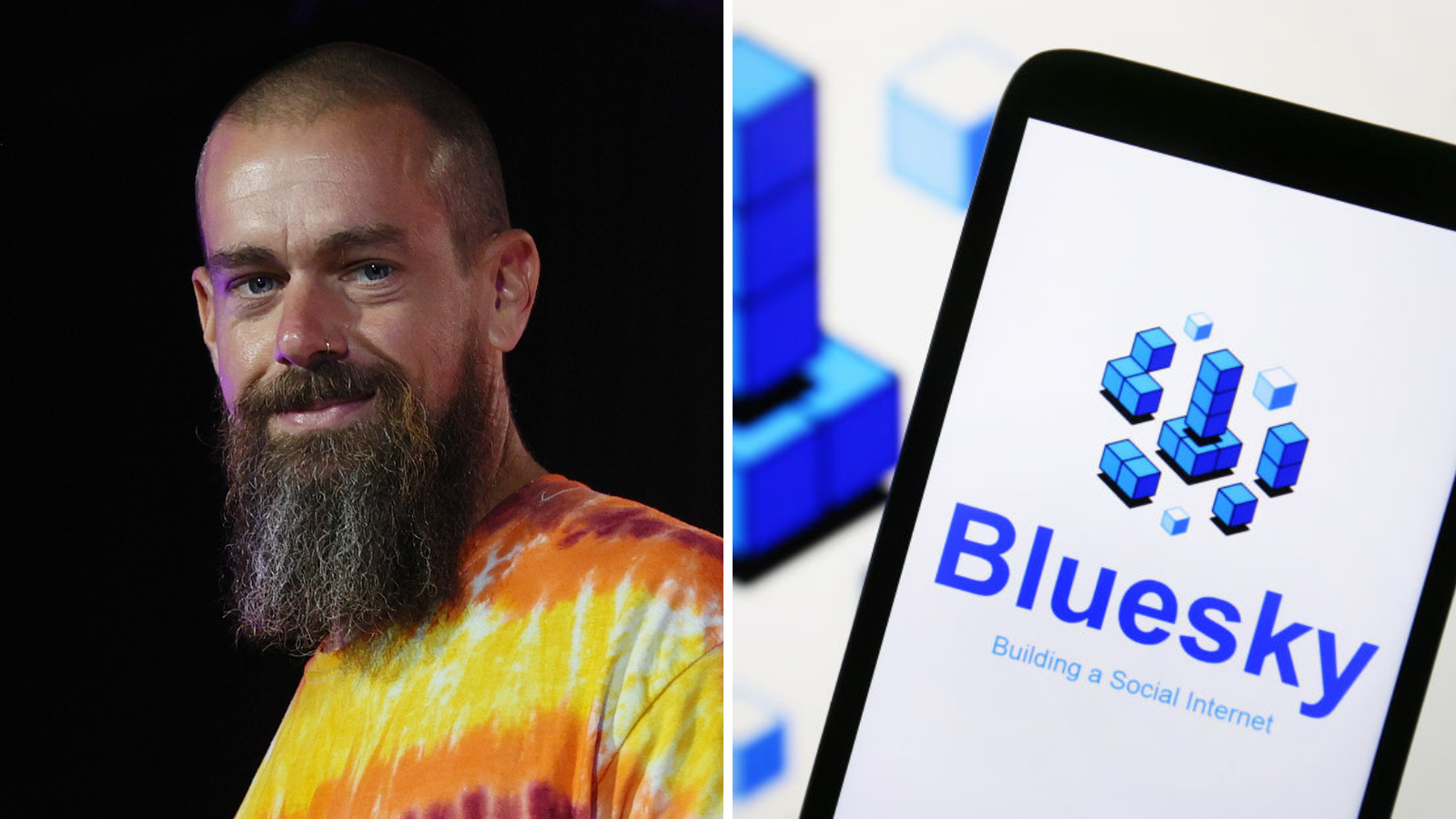 A composite image of Jack Dorsey and the Bluesky logo on a smartphone screen.