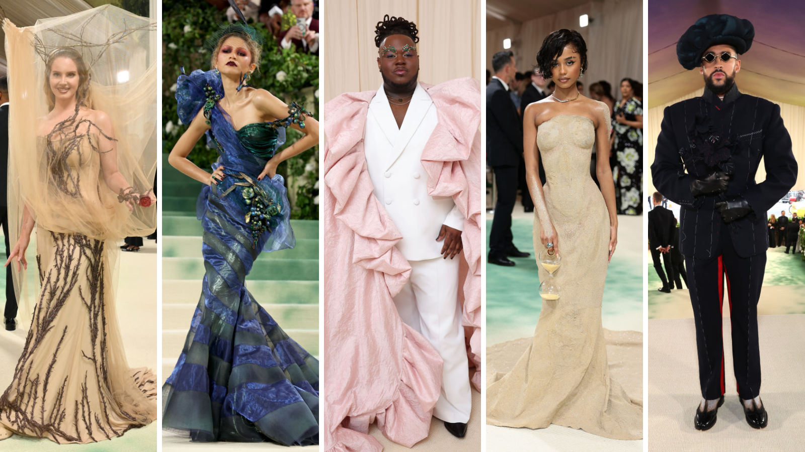 A composite of people at the 2024 Met Gala. From left to right: Lana Del Rey, Zendaya, Kyle Ramar Freeman, Tyla, and Bad Bunny.