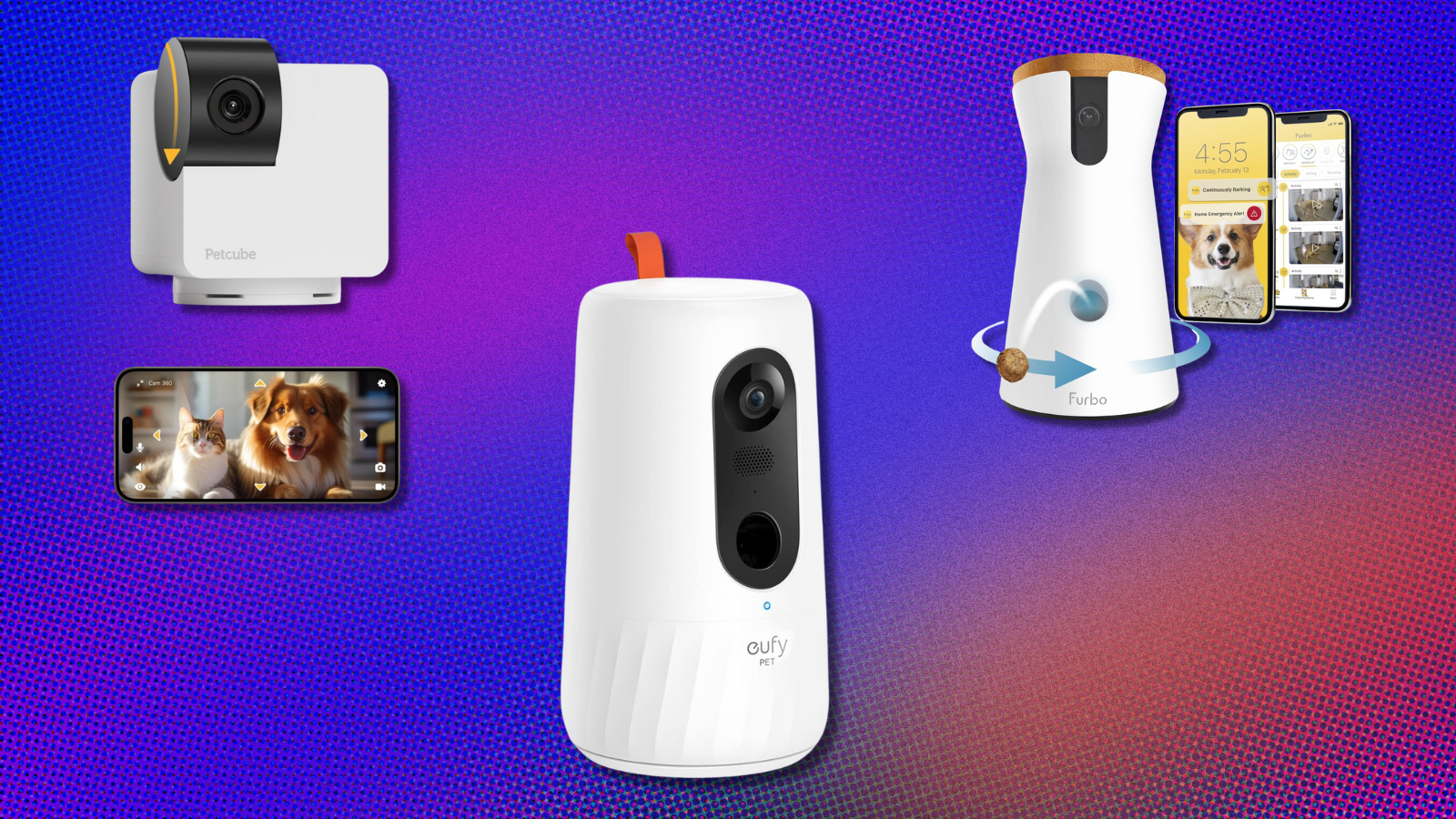 Pet cameras on blue, orange, and purple abstract background