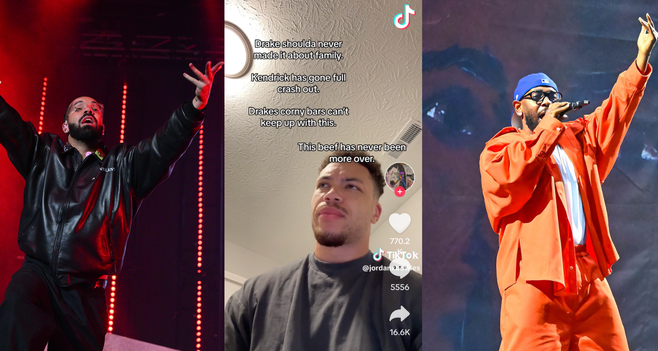 three images compiled together, drake rapping on left, center screenshot of man reacting to rap beef, right is kendrick lamar rapping