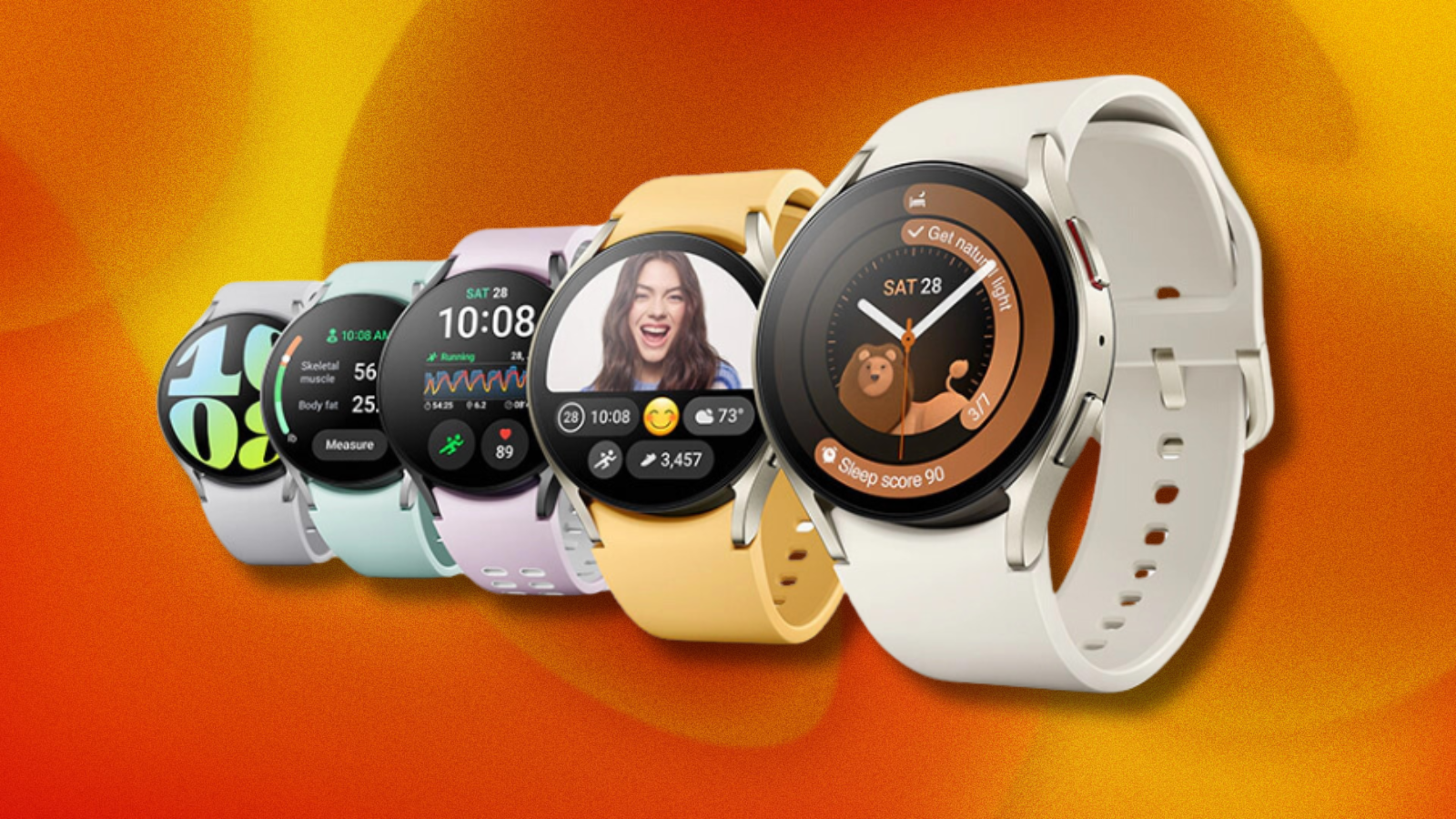 Line of Samsung Galaxy Watch  6 units on orange and yellow abstract background