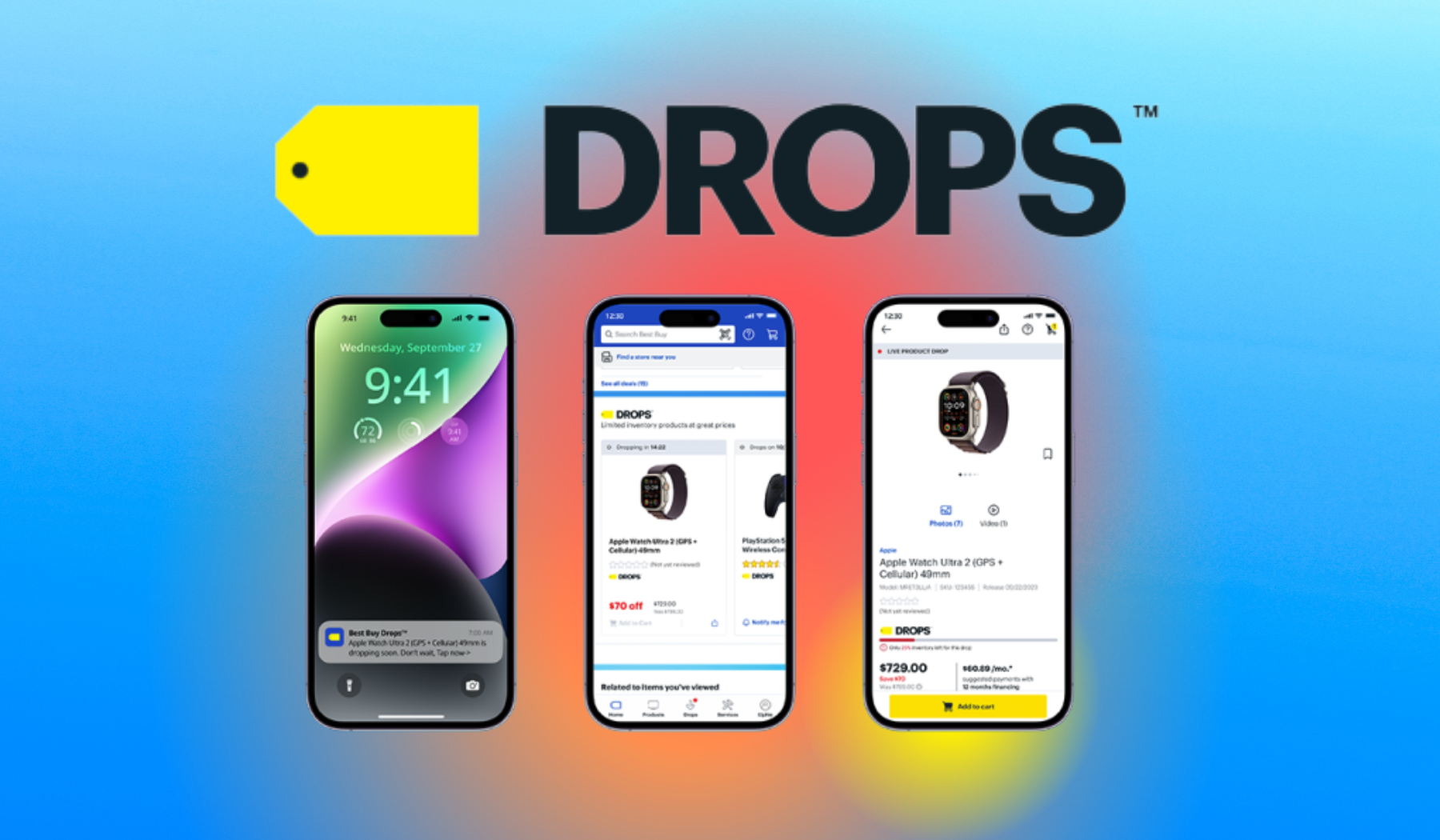 Best Buy Drops logo and three smartphones with products from the My Best Buy app on colorful background
