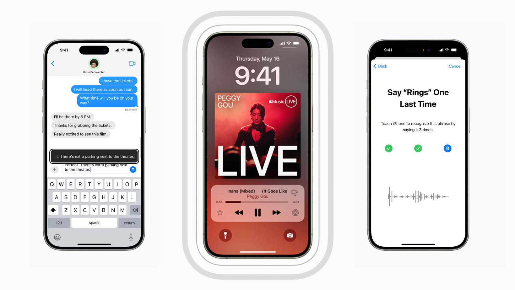Three iPhones display three different accessibility features, including hover typing, music haptics, and new voice shortcuts.