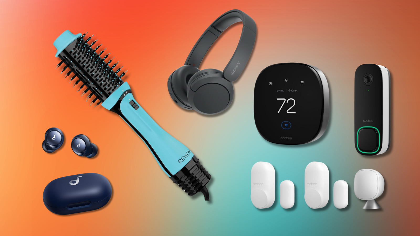 Soudcore earbuds, Revlon One Step, Sony headphones, and Ecobee security system with orange and blue gradient background