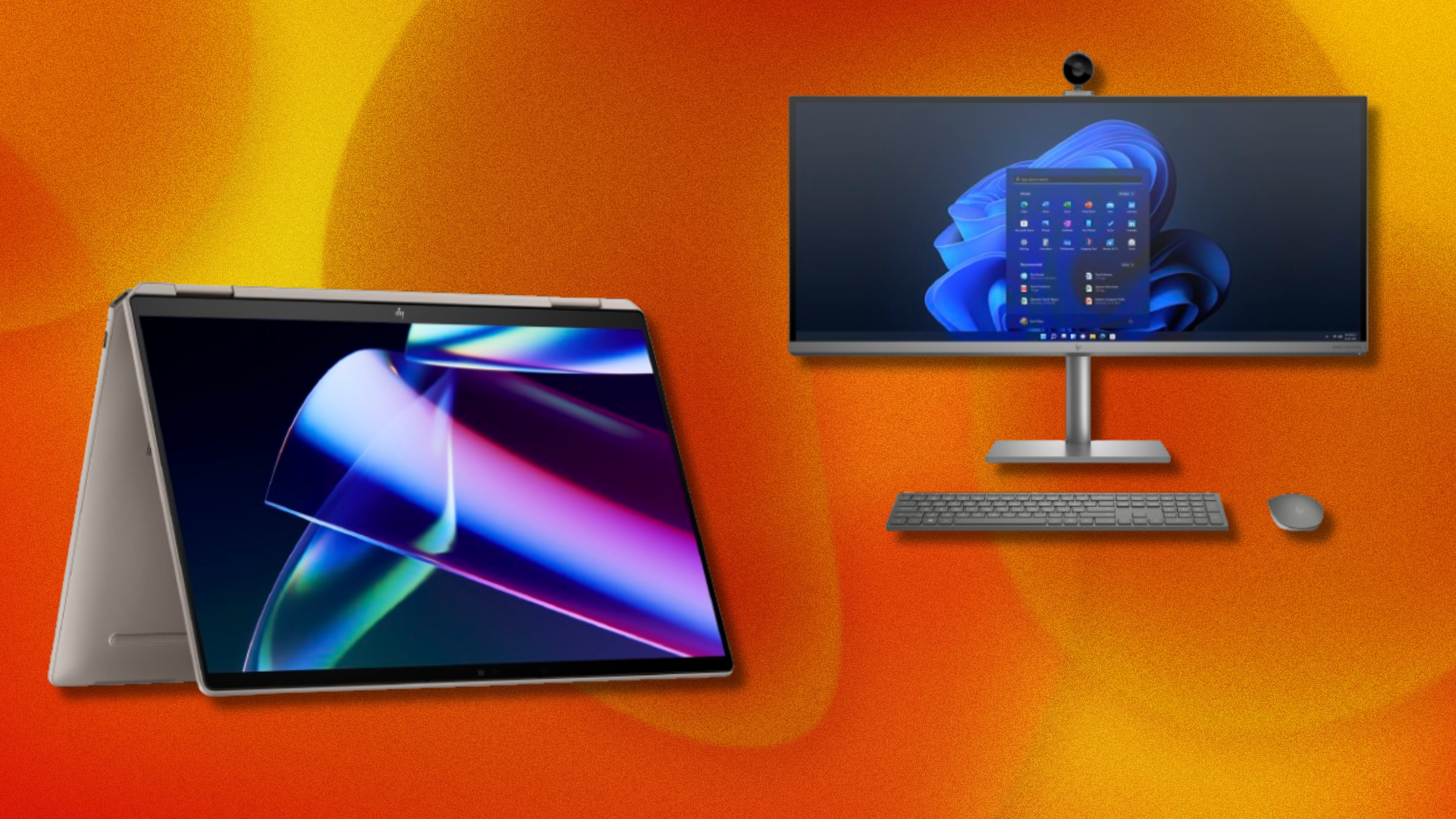 An HP 2-in-1 laptop and HP desktop on an orange background