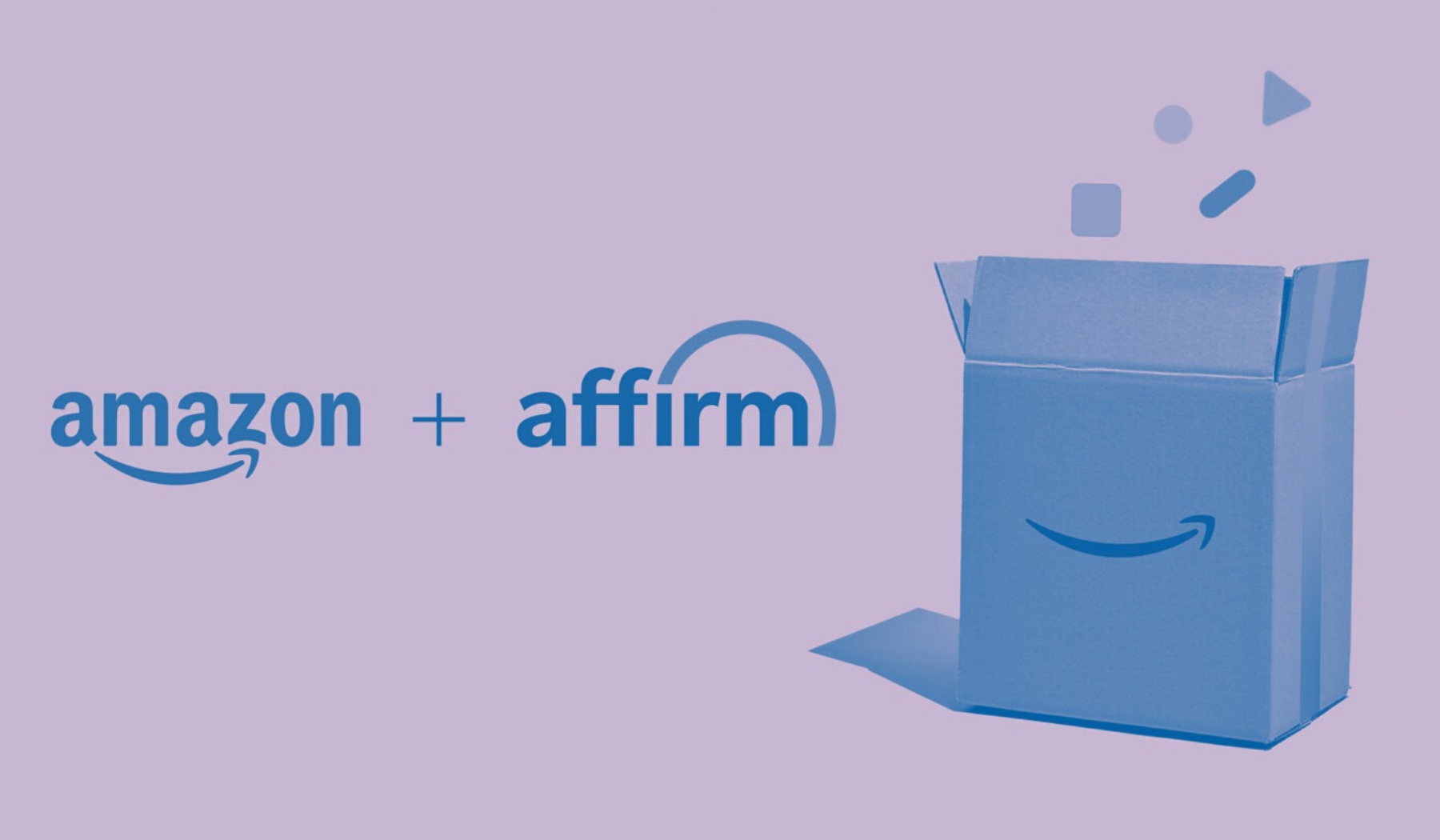 Amazon logo, Affirm logo, and Amazon package with purple and blue tint