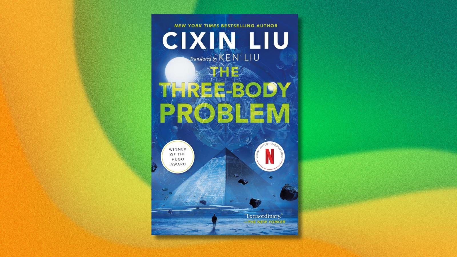 'The Three-Body Problem' book on green and yellow abstract background