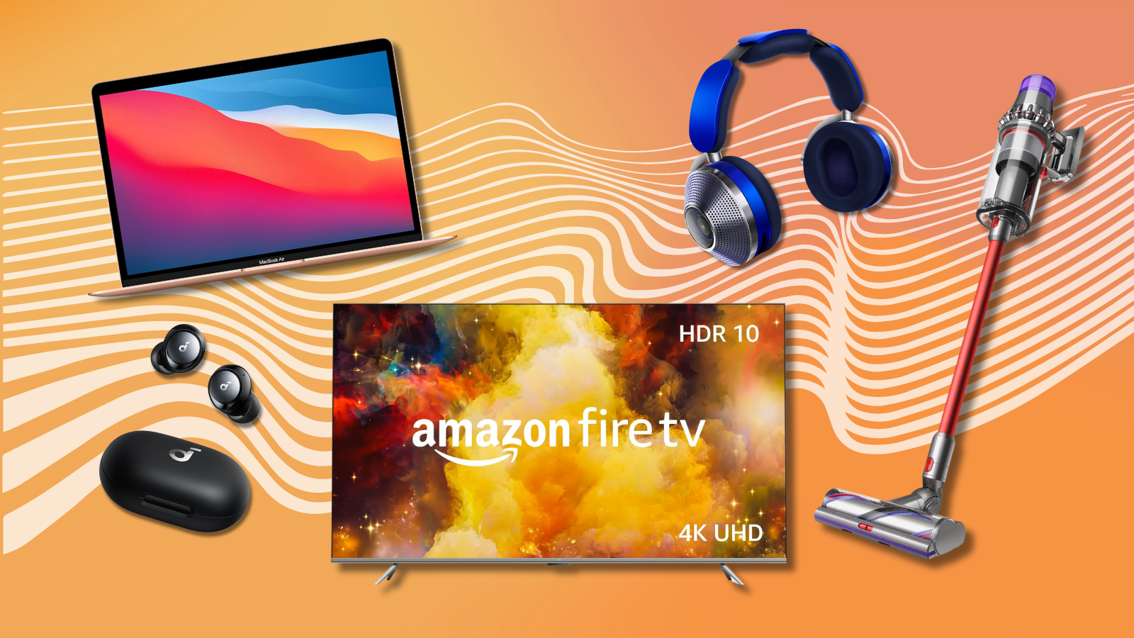 MacBook Air, Amazon Fire TV, Dyson headphones, Soundcore earbuds, and Dyson vacuum with orange gradient background