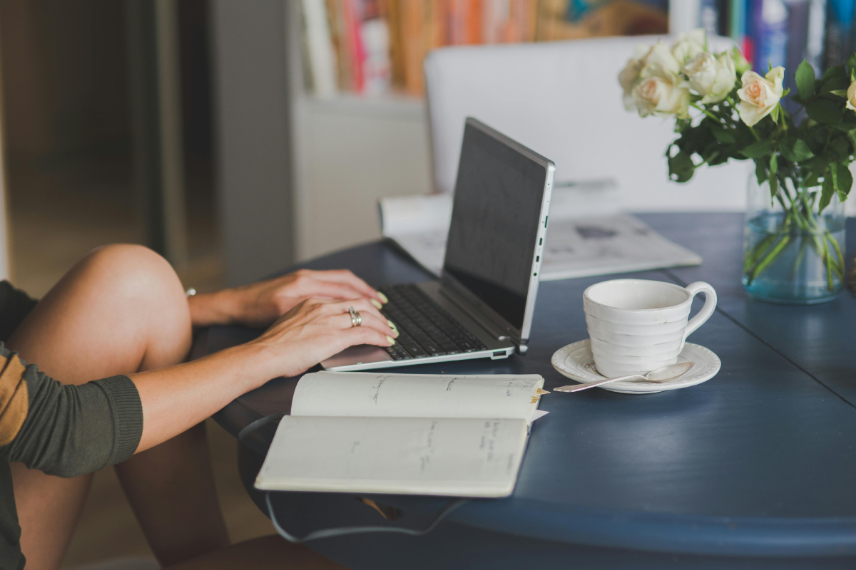 Woman working on computer.