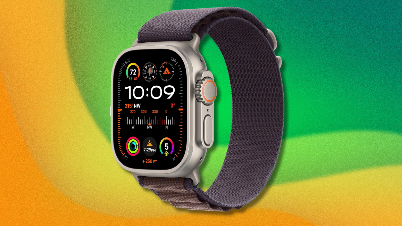 Apple Watch Ultra 2 on green and yellow abstract background