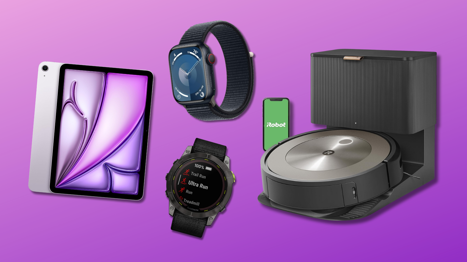 iPad, Apple Watch, Garmin watch, and Roomba with purple background