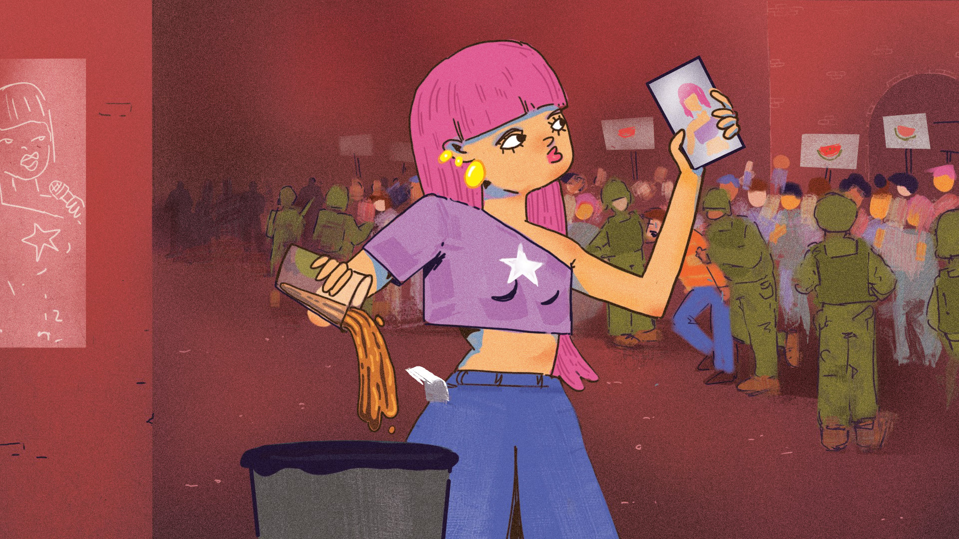 An illustration of a woman filming herself pouring out a coffee as a crowd of protesters and police clash behind her.
