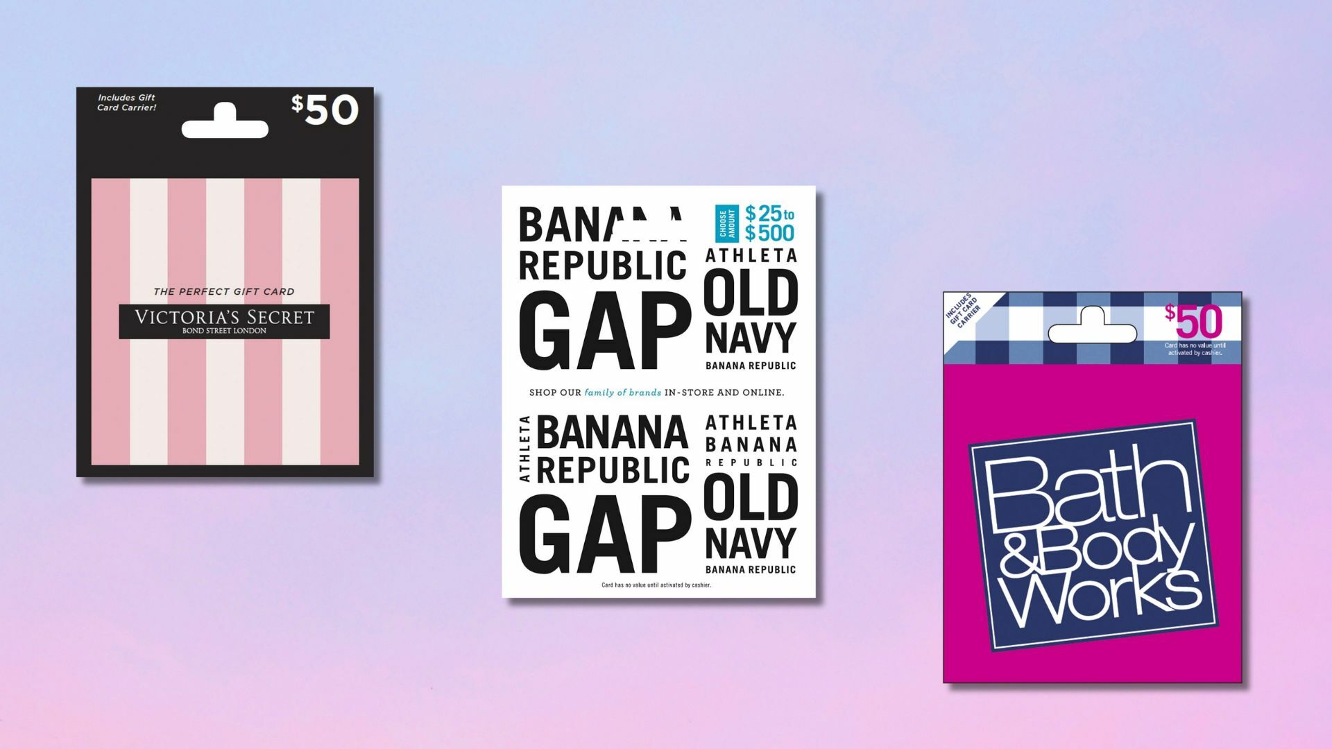 Gift cards for Victoria's Secret, Gap, and Bath and Body Works on a pink background 