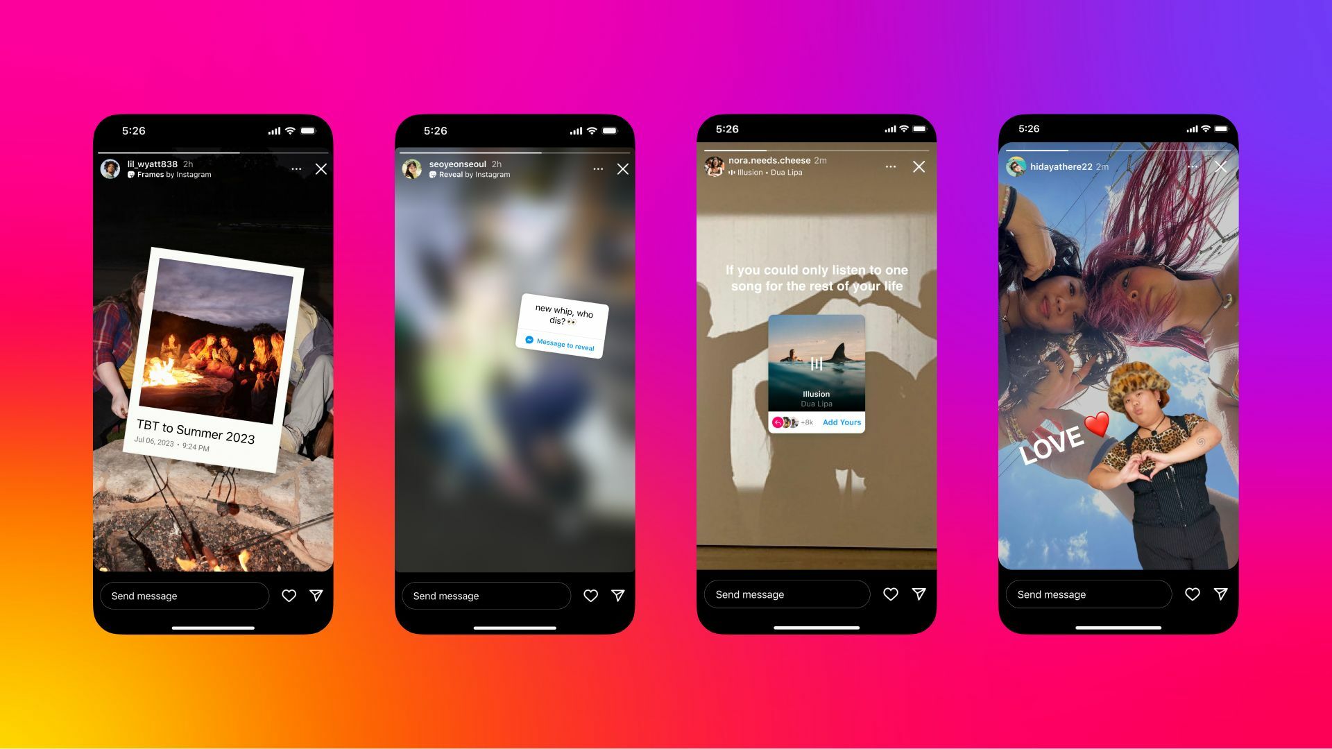 Four screenshots of Instagram with new sticker features displayed on each.