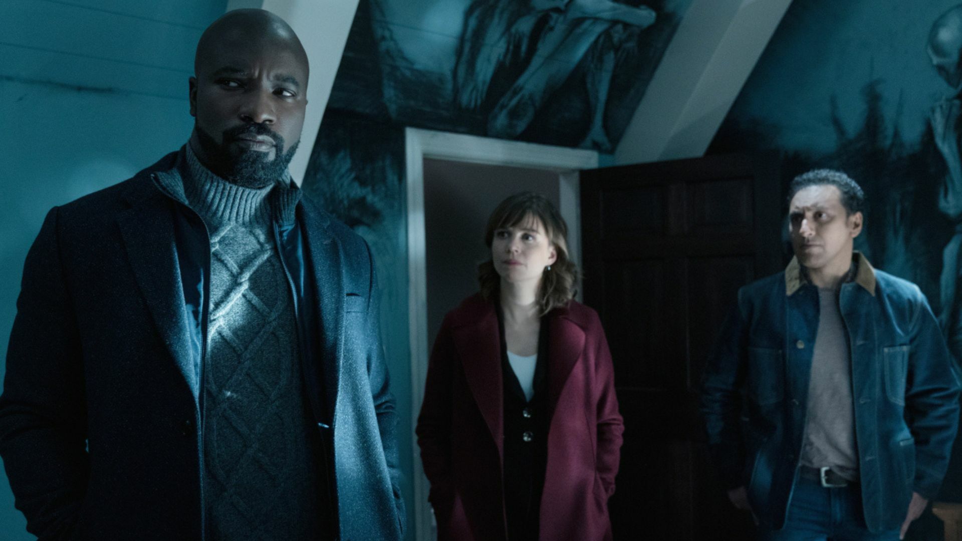 Katja Herbers as Kristen Bouchard,  Mike Colter as David Acosta, and Aasif Mandvi as Ben Shakir of the Paramount+ series EVIL.