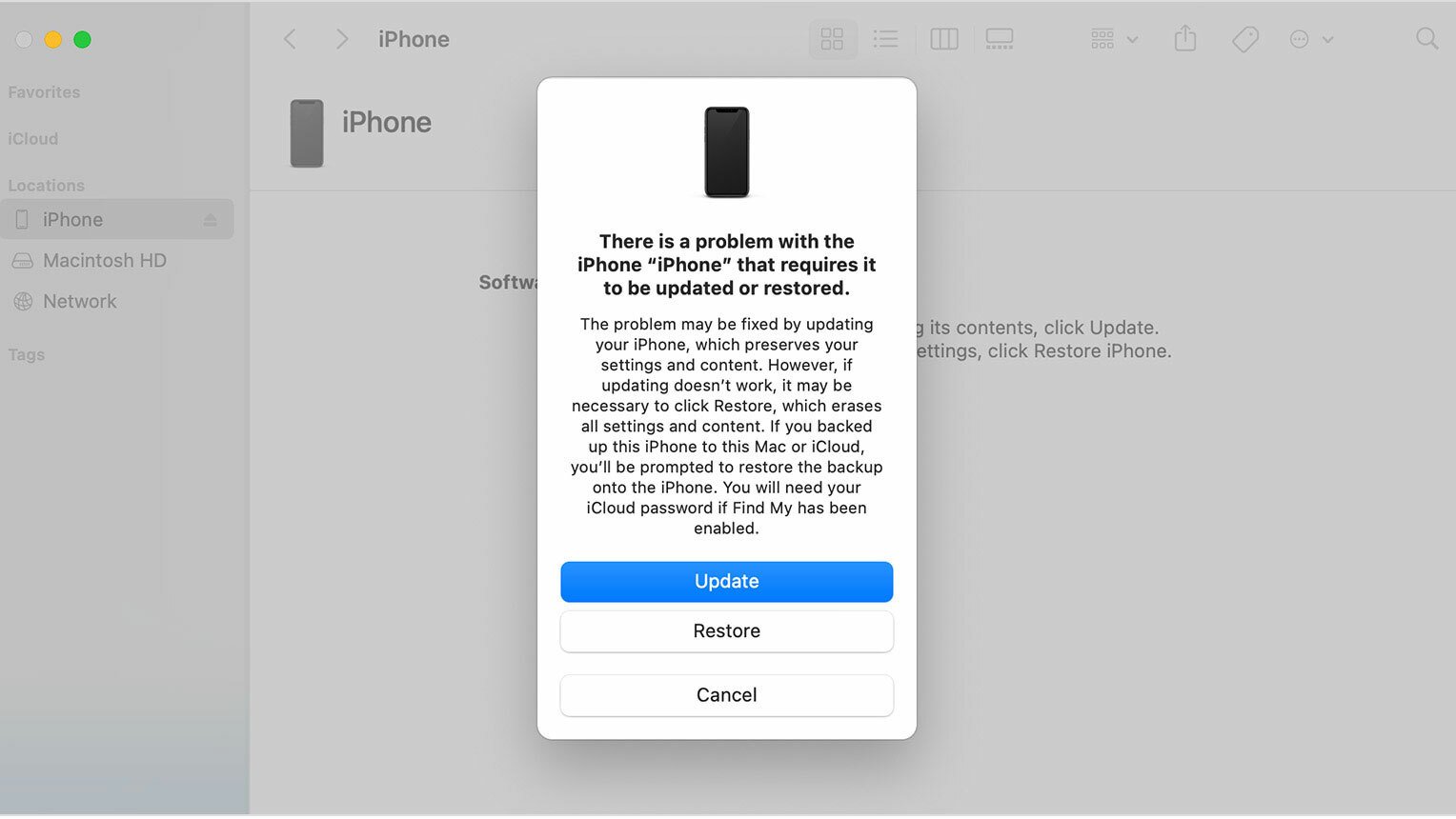 A screenshot shows a message saying an iPhone needs to be updated or restored.