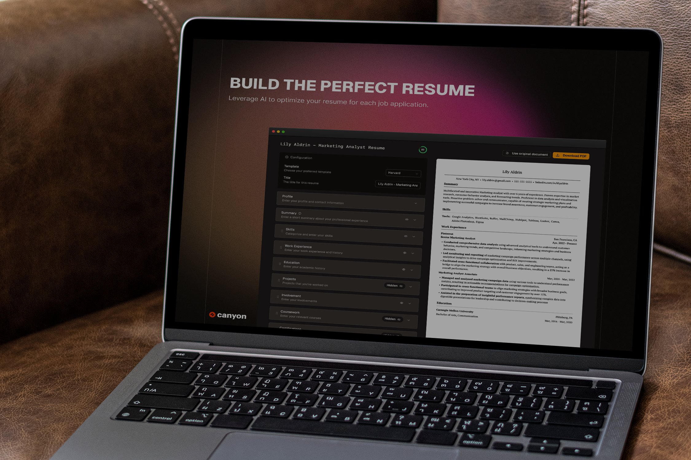 Resume on laptop screen.