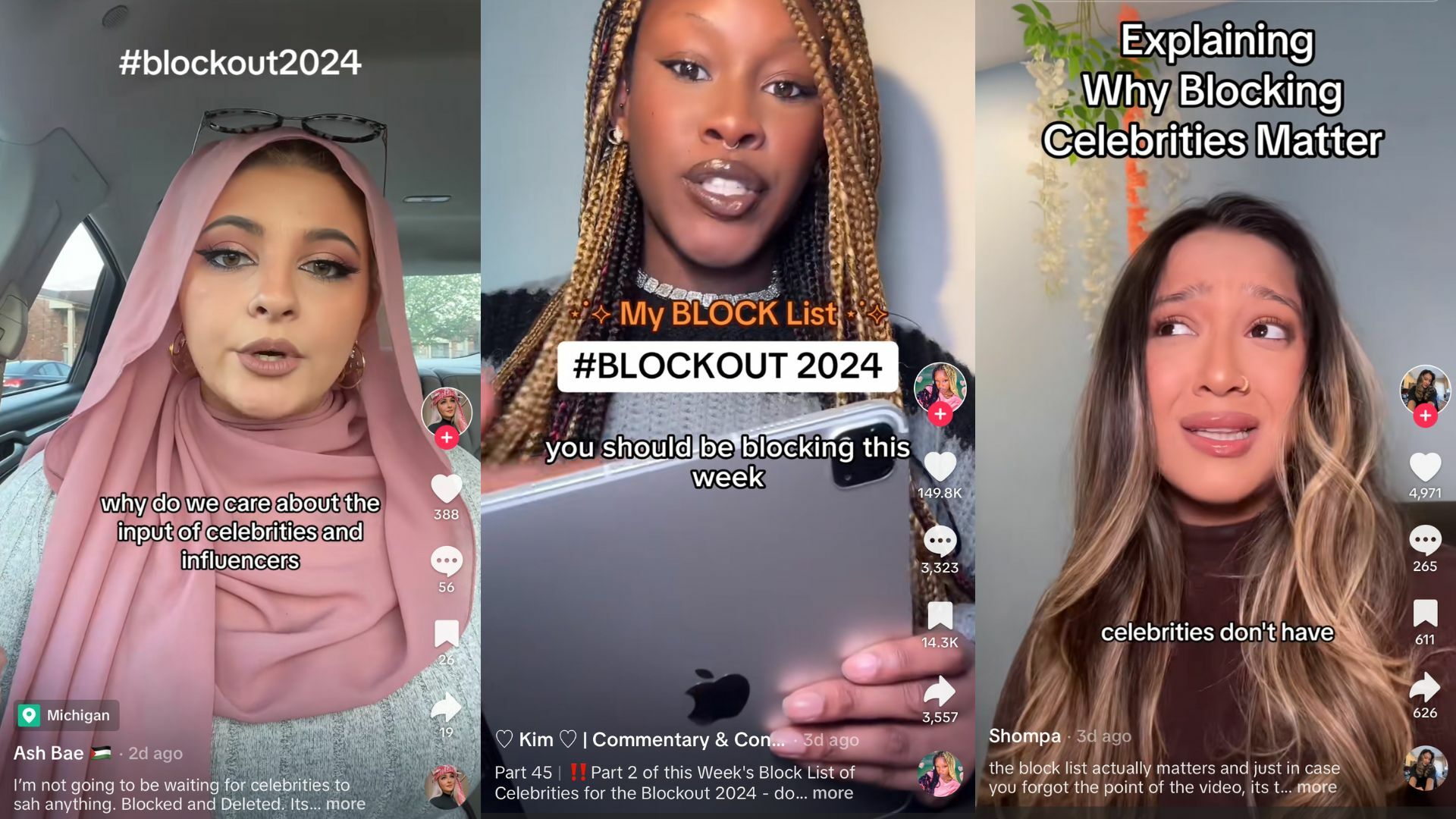 Three TikTok screenshots of people talking about the celeb blackout.