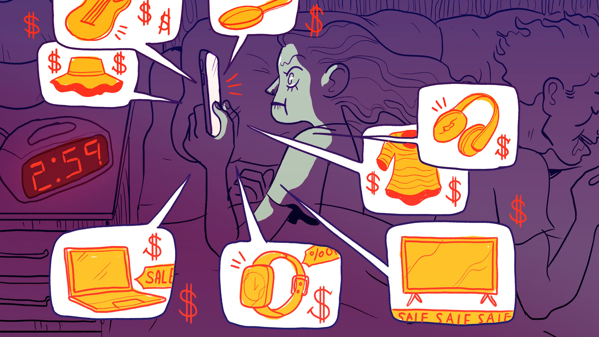 illustrated woman bombarded by deals on phone