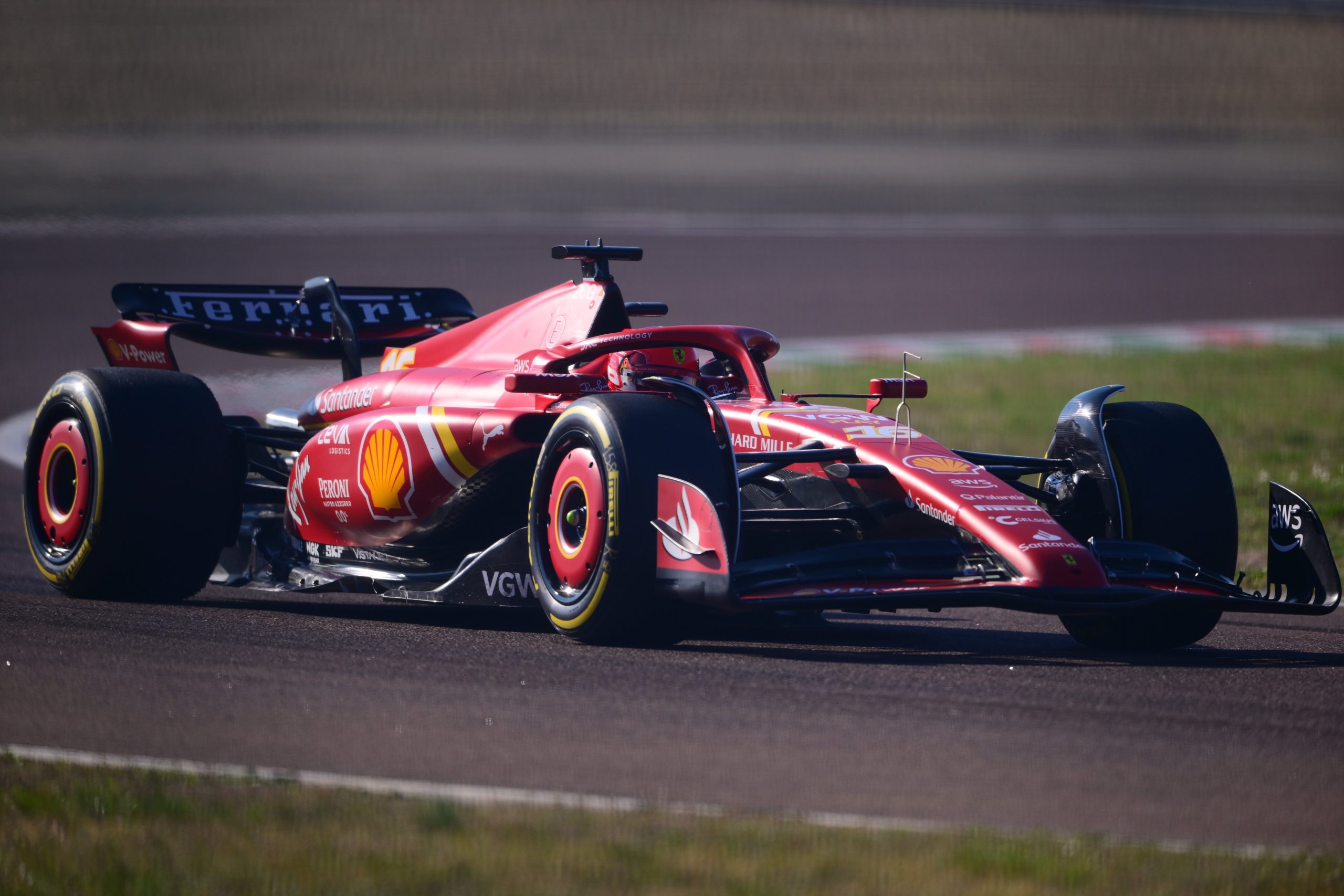 Charles Leclerc is driving the new SF-24 single-seater during Scuderia Ferrari's filming day