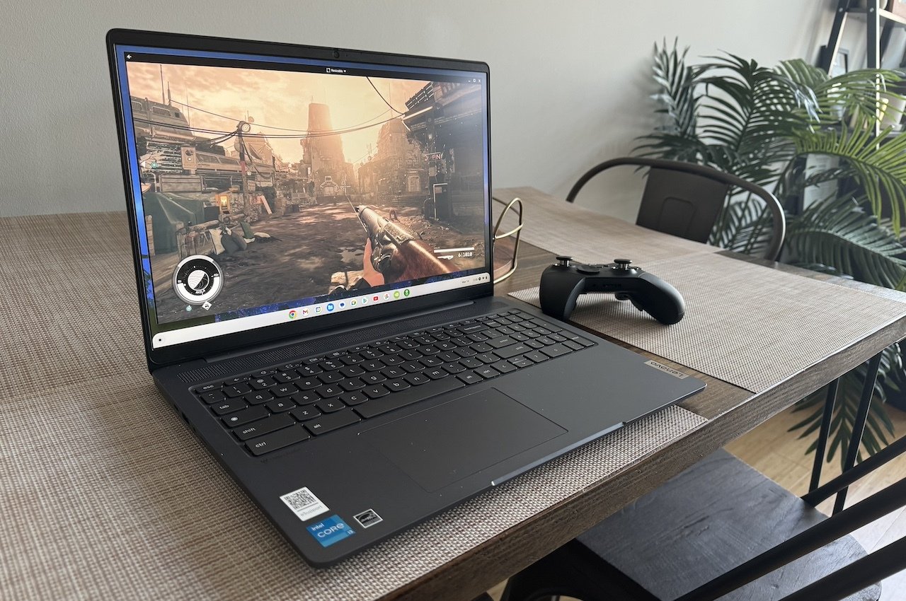 Lenovo Gaming Chromebook 16 sitting on a table with an Xbox controller