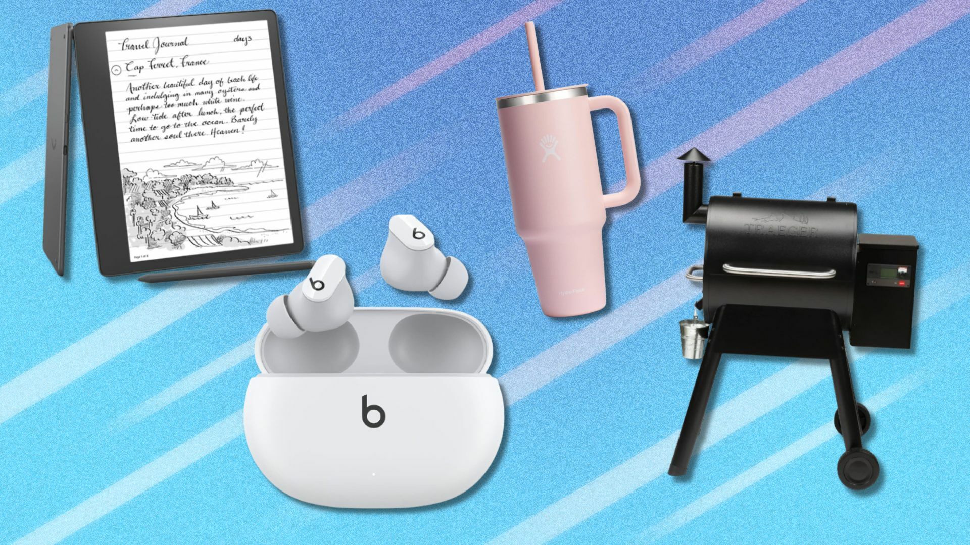 an amazon kindle scribe, a pair of white beats studio earbuds, a pink hydro flash water bottle with pink straw, and a black traeger barbecue all sit on a light blue background that has lighter blue streaks running though it diagonally 