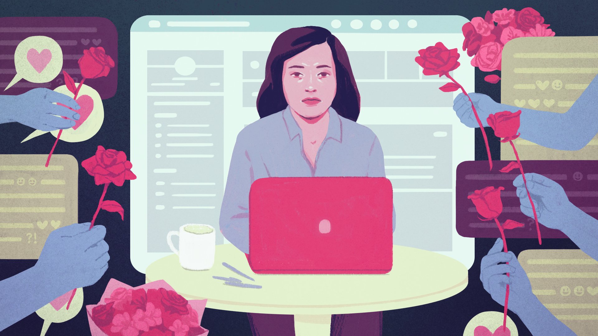 woman sitting on laptop with heart bubbles and roses around her