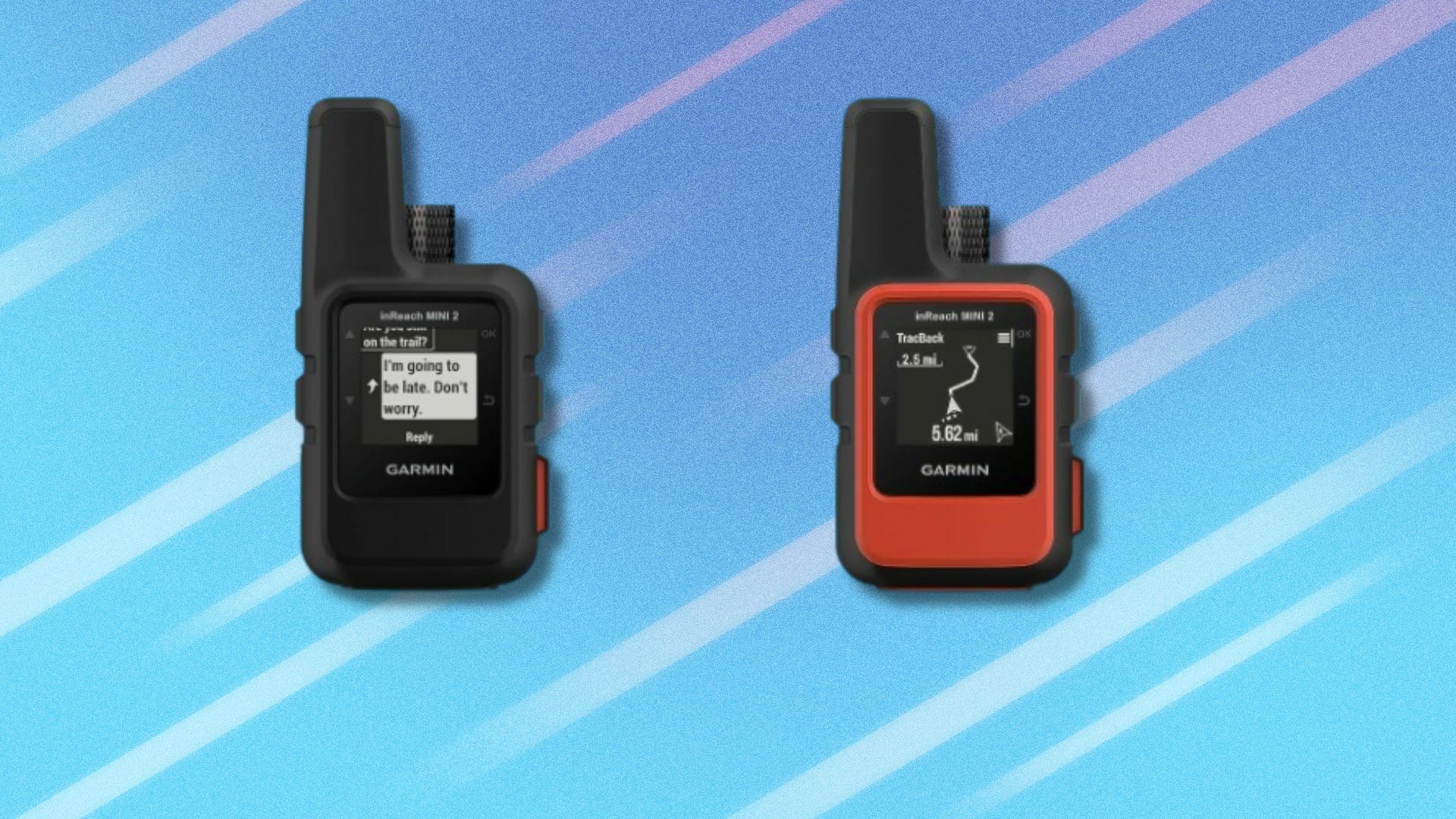 two garmin inreach mini2 devices sit on a blue background that has whiteish streaks running through it