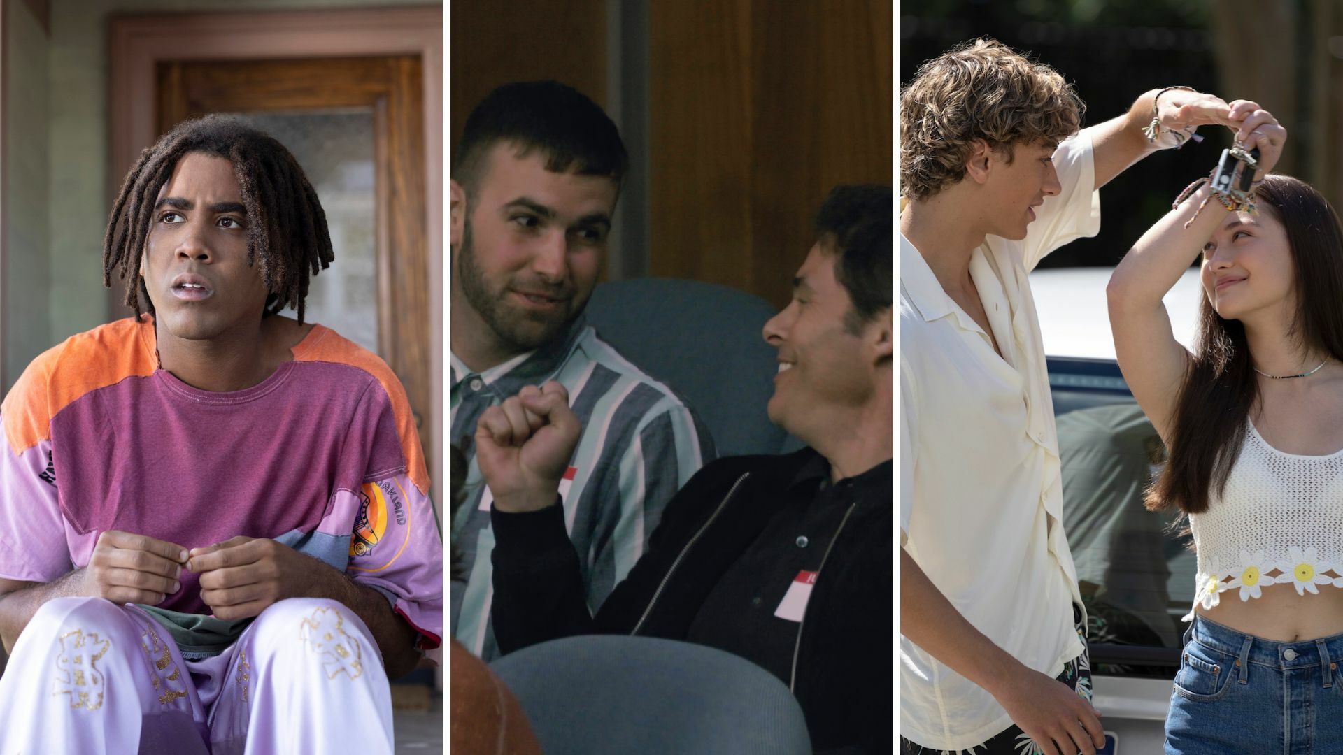 From left to right: A 13-foot-tall Black man sits on a stoop; two men look at each other, grinning, in a jury box, one holding up a fist; a teen boy reaches for a teen girl's car keys in a parking lot.