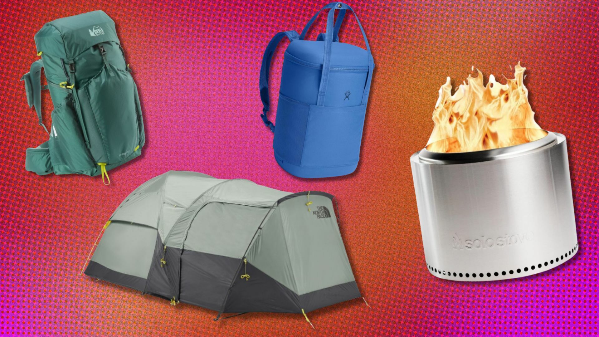 a collage of outdoor items sit on a pink and orange background. They include a green REI hiking backpack, a north face tent, a blue hydro flask cooler backpack, and a solo stove.