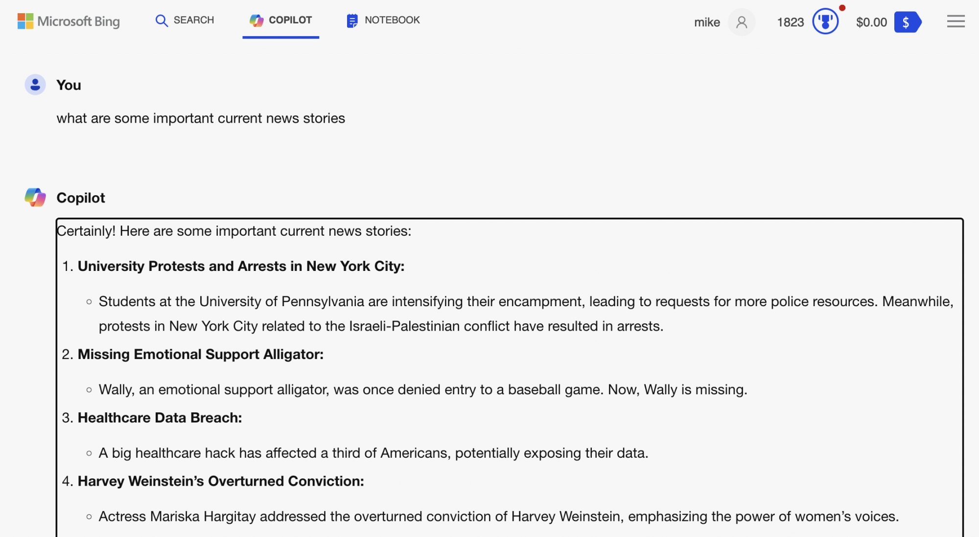 a Microsoft Copilot query about current news, followed by a list of current news stories