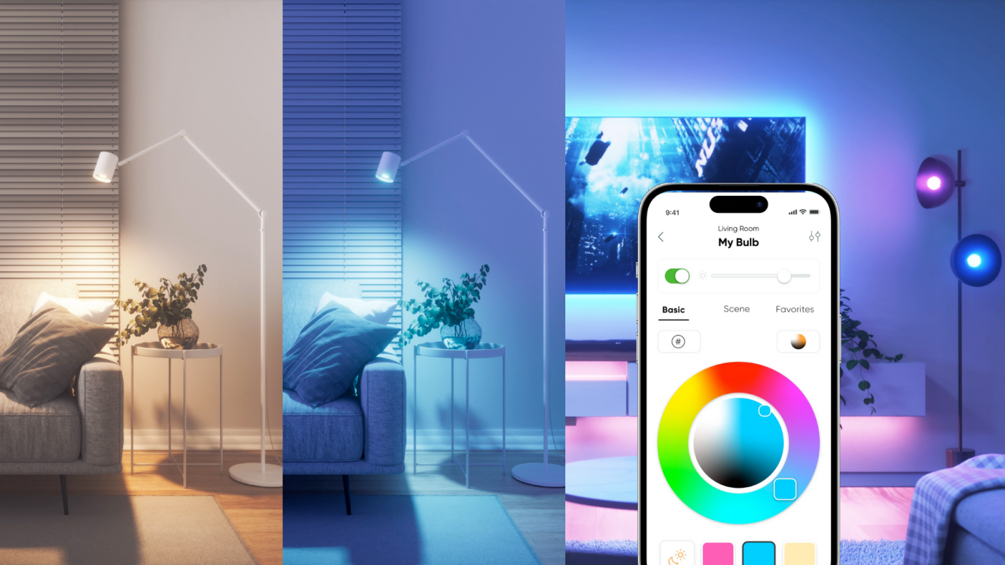 A composite of images of lamps with Nanoleaf Essential bulbs in them, displaying lighting of different colours. There is also a smartphone showing the Nanoleaf app.