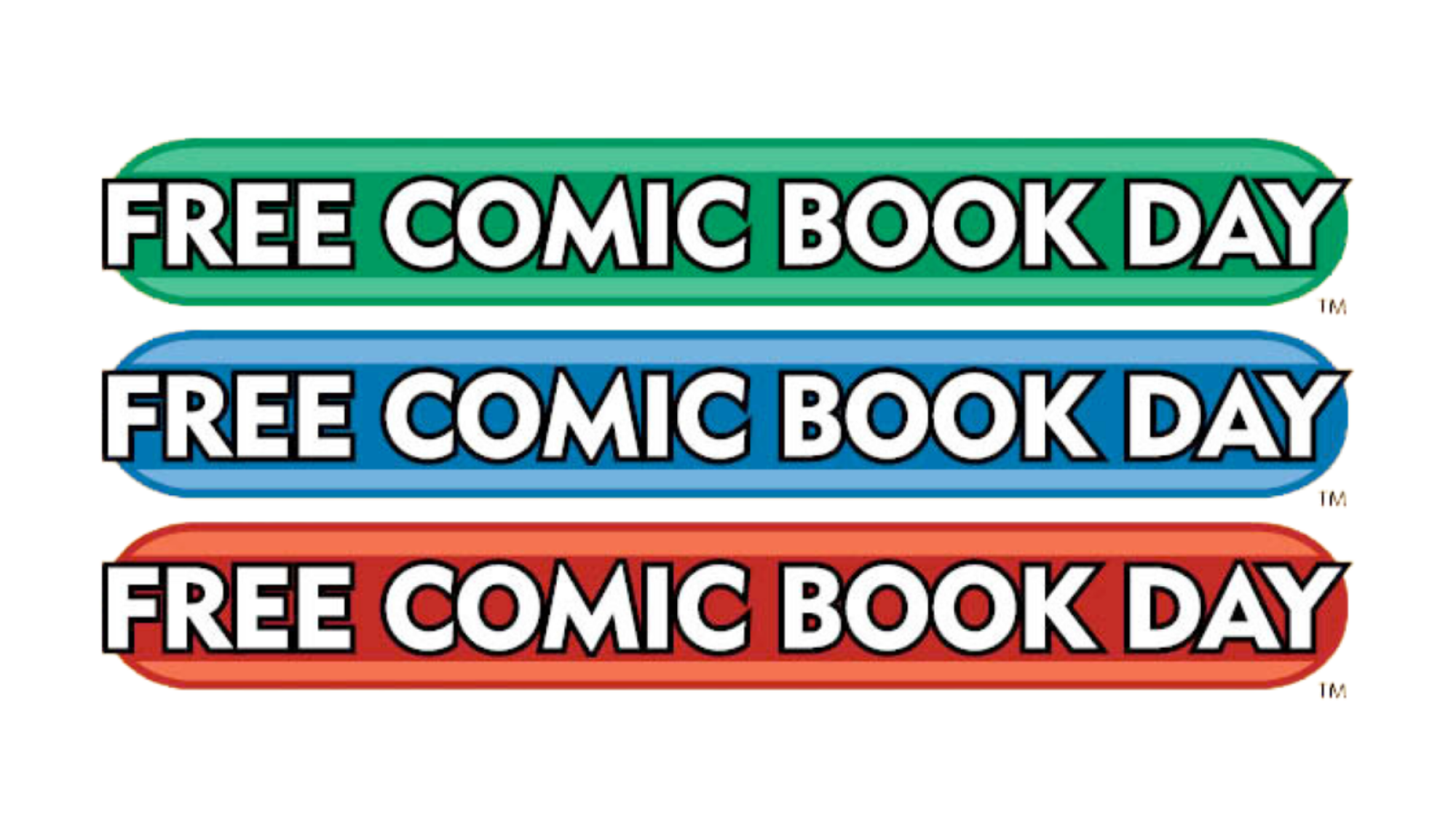 Free Comic Book Day logos in the three different colours indicating the age rating.