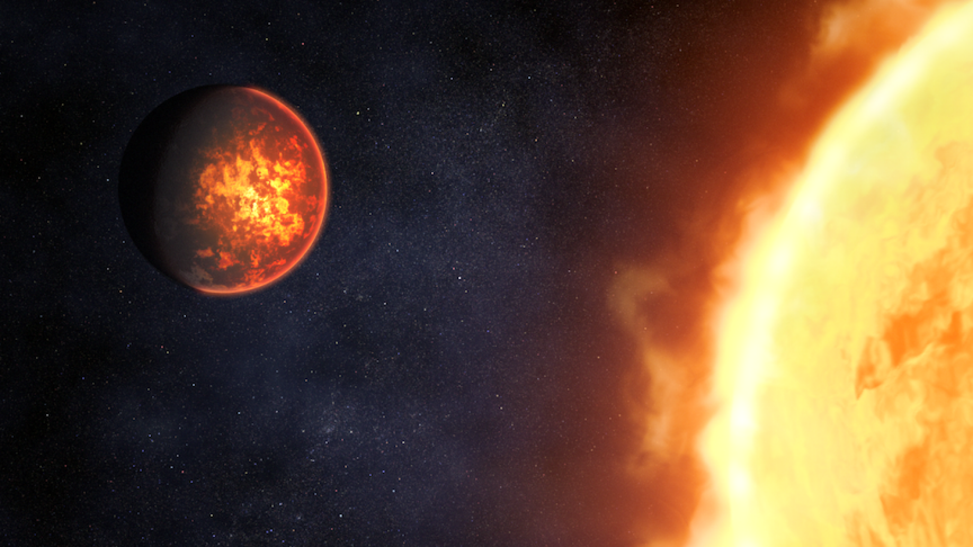 An artist's conception of a rocky planet covered in molten lava, orbiting close to its star.