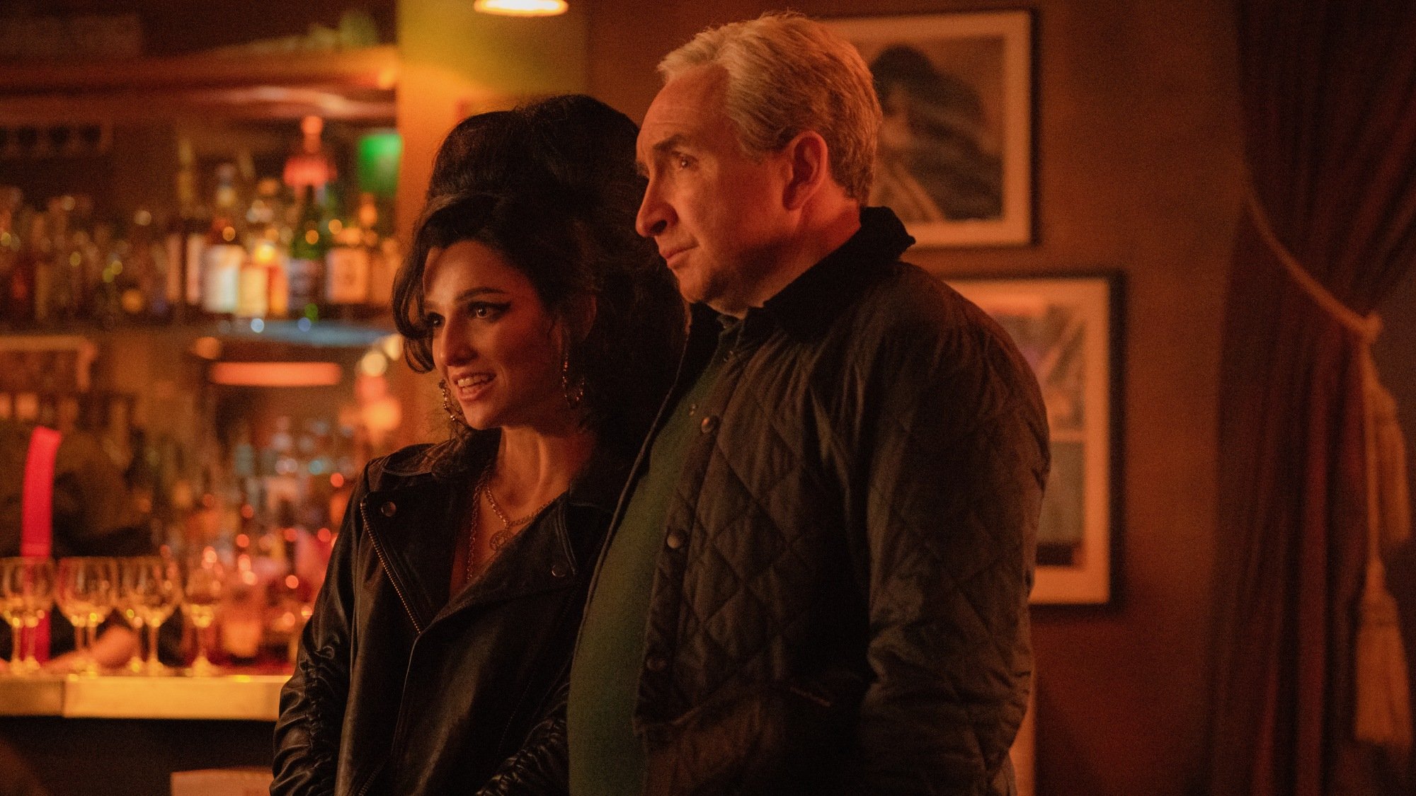 Marisa Abela as Amy Winehouse and Eddie Marsan as Mitch Winehouse in "Back to Black."