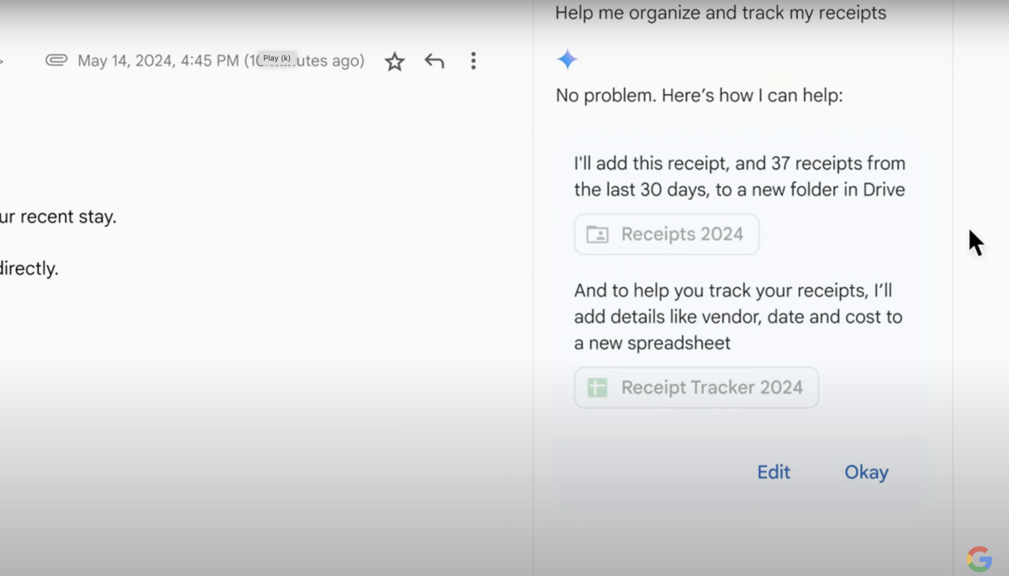 A screenshot showing a Google Docs users asking the Gemini bot to organize some receipts and receiving a reply about using Google Drive and Google Sheets  