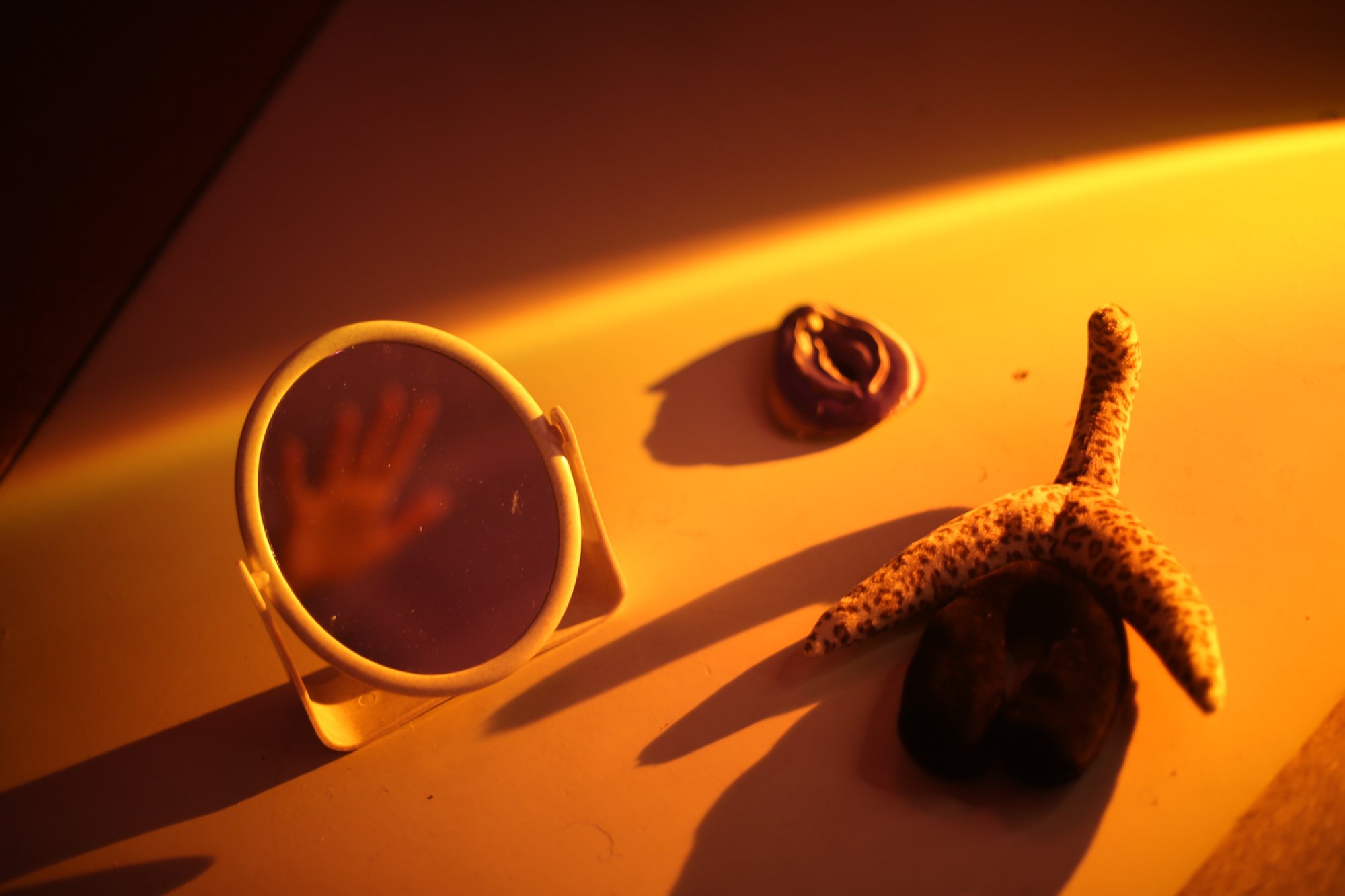 A small mirror next to a model of a vulva and a soft toy of the anatomy of a clitoris. 