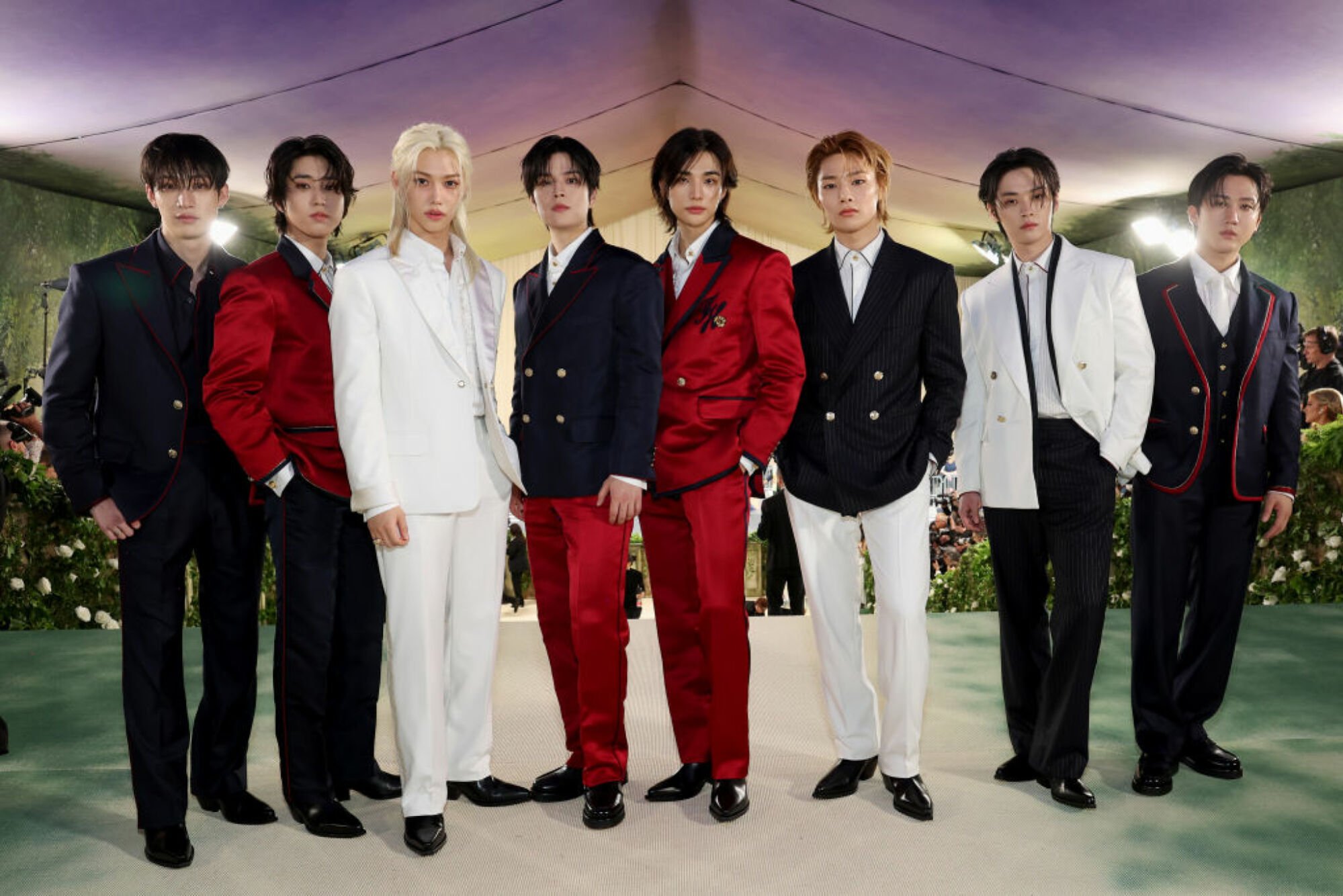 (L-R) Bang Chan, Han, Felix, Seungmin, Hyunjin, I.N, Lee Know, and Changbin of Stray Kids attend The 2024 Met Gala Celebrating "Sleeping Beauties: Reawakening Fashion" at The Metropolitan Museum of Art on May 06, 2024 in New York City.