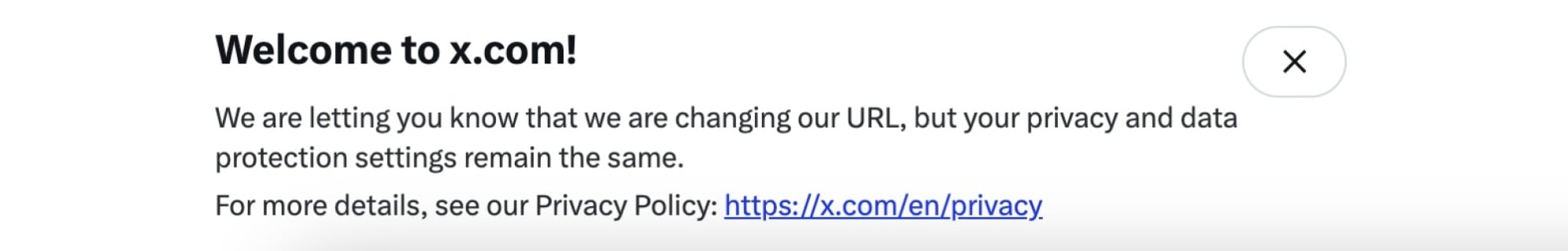 A pop-up message explaining Twitter.com's change to X.com.