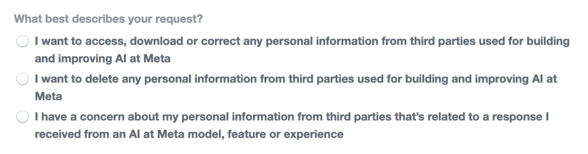 screenshot of a data form showing options for submitting a request to Meta