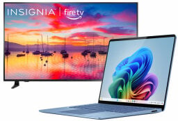 Open Microsoft Surface laptop with rainbow swirl art screensaver and Insignia TV with harbor and colorful sky on screen