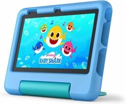 an amazon fire 7 kids tablet in a blue color that displays an image of baby shark