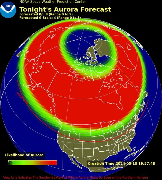 NOAA's view line graphic for tonight's auroras 